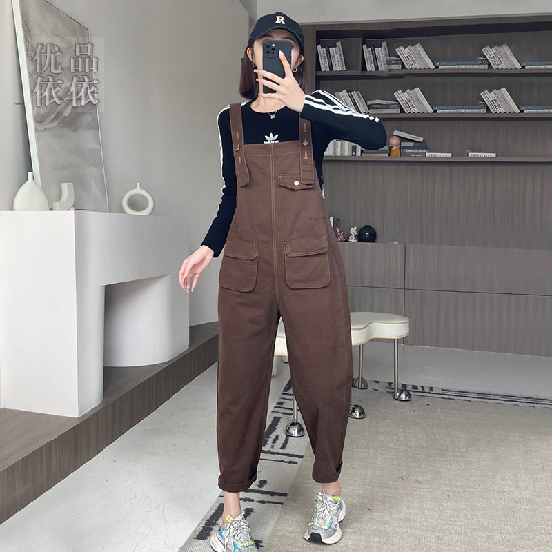 复古春季时尚减龄休闲设计感背带裤女宽松显瘦百搭工装连体阔腿裤