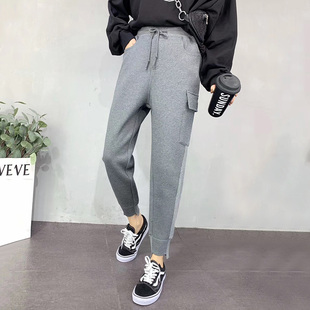 显瘦加绒卫裤女冬季新款加厚宽松时尚外穿束脚运动休闲工装哈伦裤
