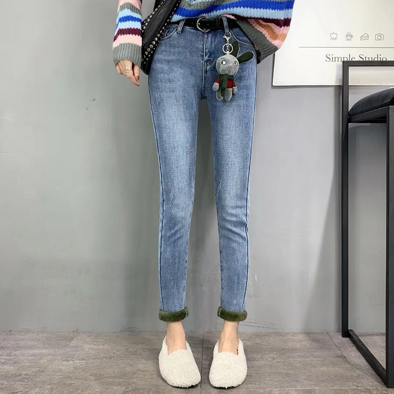 高腰大码加绒加厚牛仔铅笔裤女弹力修身显瘦冬季新款保暖小脚长裤
