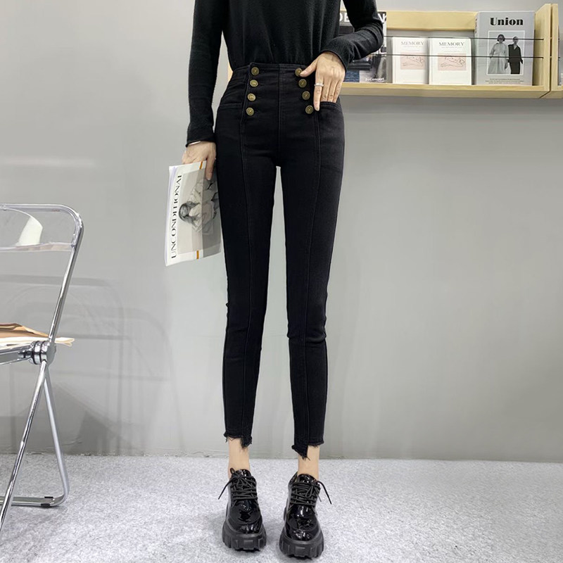 加绒加厚黑色铅笔牛仔裤女高腰弹力紧身外穿显瘦冬季保暖小脚长裤