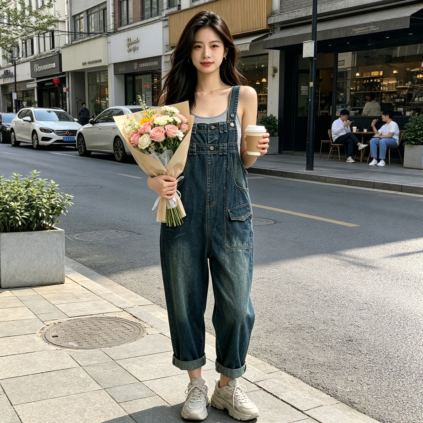 深蓝色复古牛仔背带裤女宽松大码时尚显瘦百搭新款减龄阔腿连体裤
