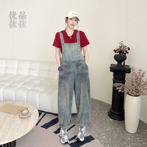 韩酷高腰大码阔腿牛仔背带裤显瘦