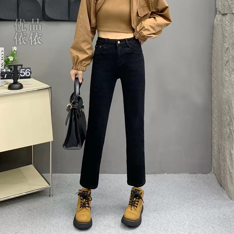 黑色加绒牛仔裤女弹力修身2025年冬季新款小个子高腰烟管直筒裤子