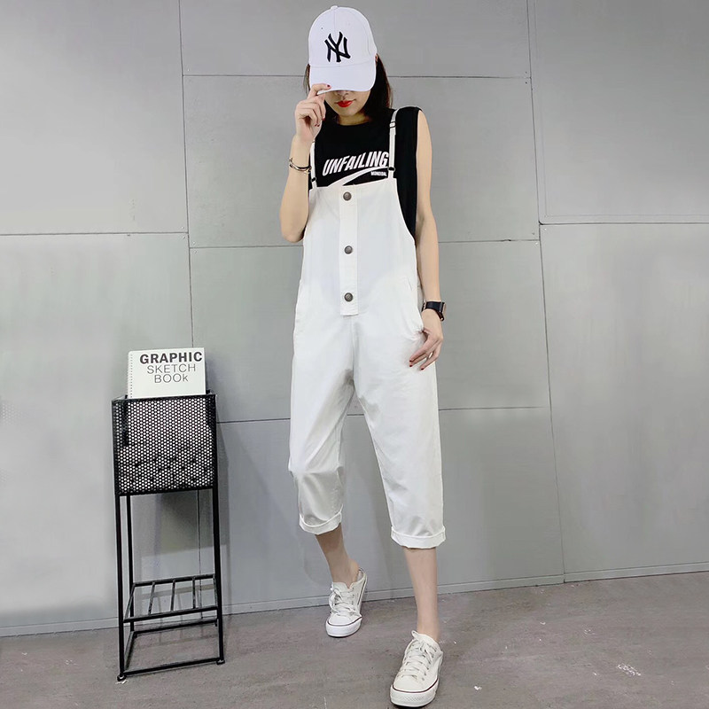 高腰百搭时尚背带裤女春夏薄款宽松大码显瘦韩版吊带七分连体裤子