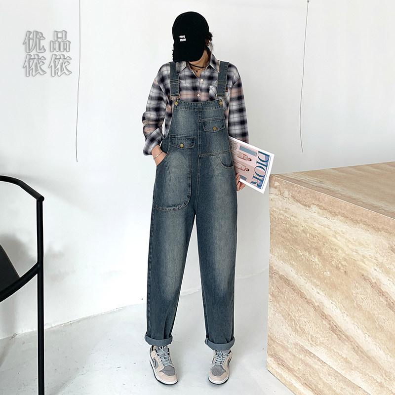 设计感牛仔背带裤女春秋款小个子学生可爱减龄宽松工装阔腿连体裤