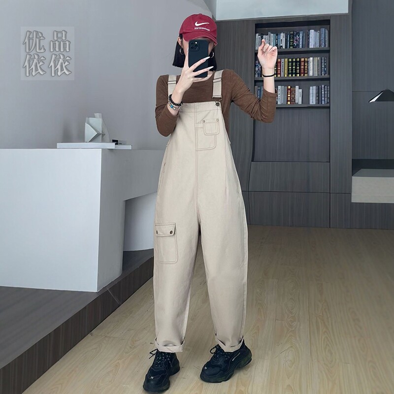 美式休闲工装背带裤女宽松大码显瘦春季新款时尚百搭连体高腰裤子