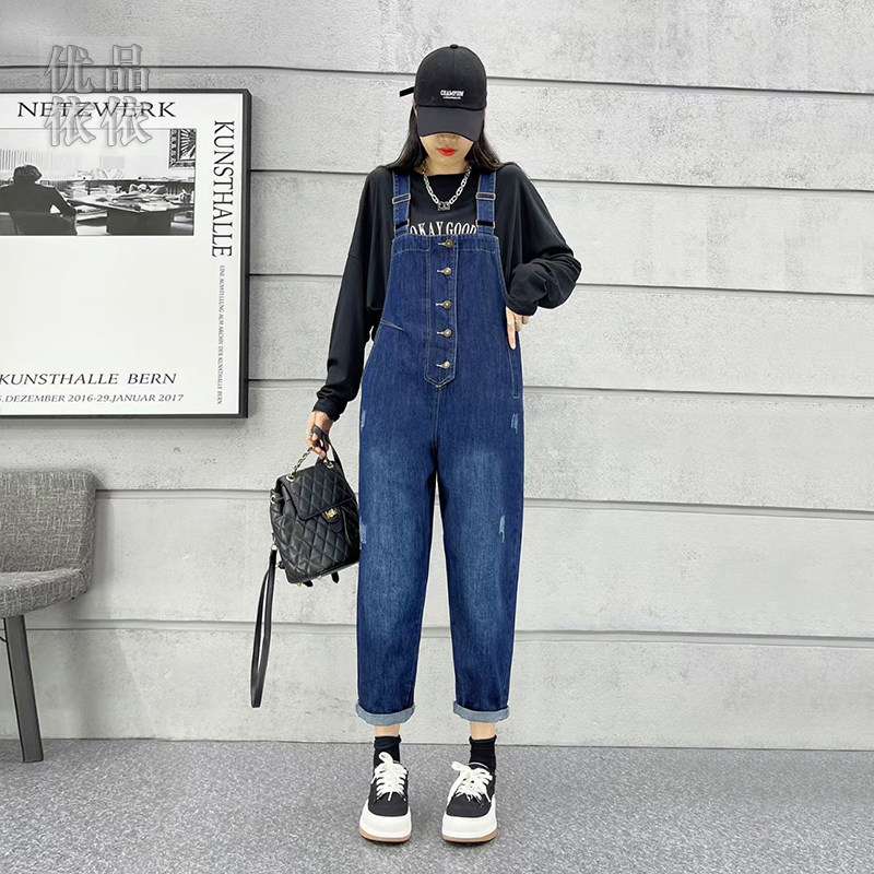 减龄牛仔背带裤女宽松韩版设计感高腰2026年春季小个子阔腿连体裤