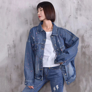 休闲时尚个性牛仔外套女2026年春季新款破洞喷漆宽松短款上衣显瘦
