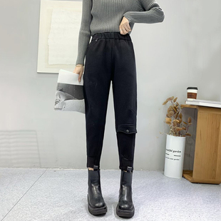 休闲裤 加绒加厚裤 保暖韩版 宽松高腰显瘦冬季 黑色九分哈伦脚 子女裤