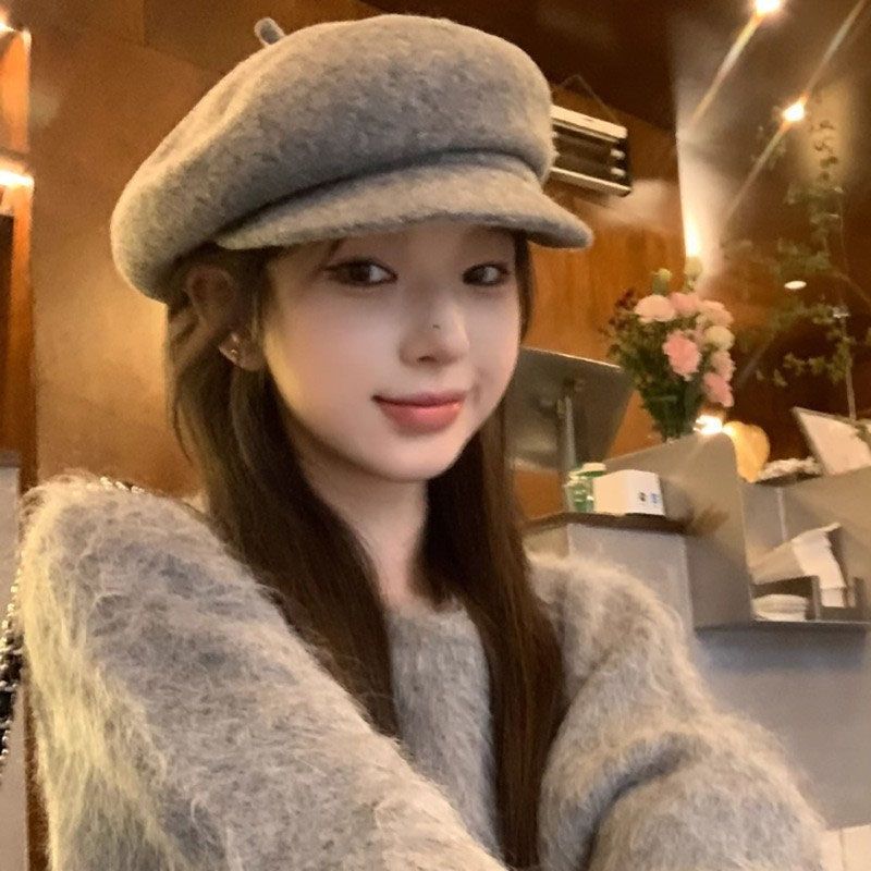 韩版百搭羊毛呢贝雷帽子女款秋冬季休闲气质鸭舌帽英伦复古画家帽