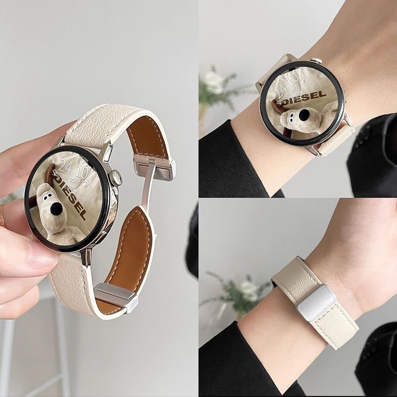 适用三星watch3/4/5/6/7手表荔枝纹磁吸表带Active2皮质GearS3/S4