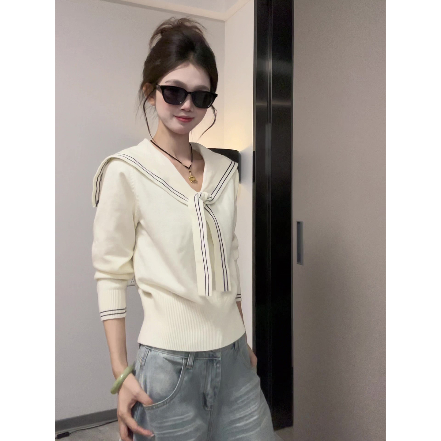 海军领披肩飘带假两件针织衫上衣