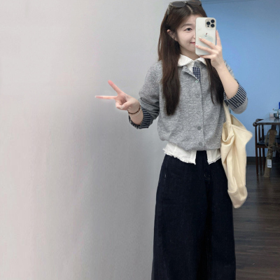 格雷系格纹拼接圆领针织开衫女秋