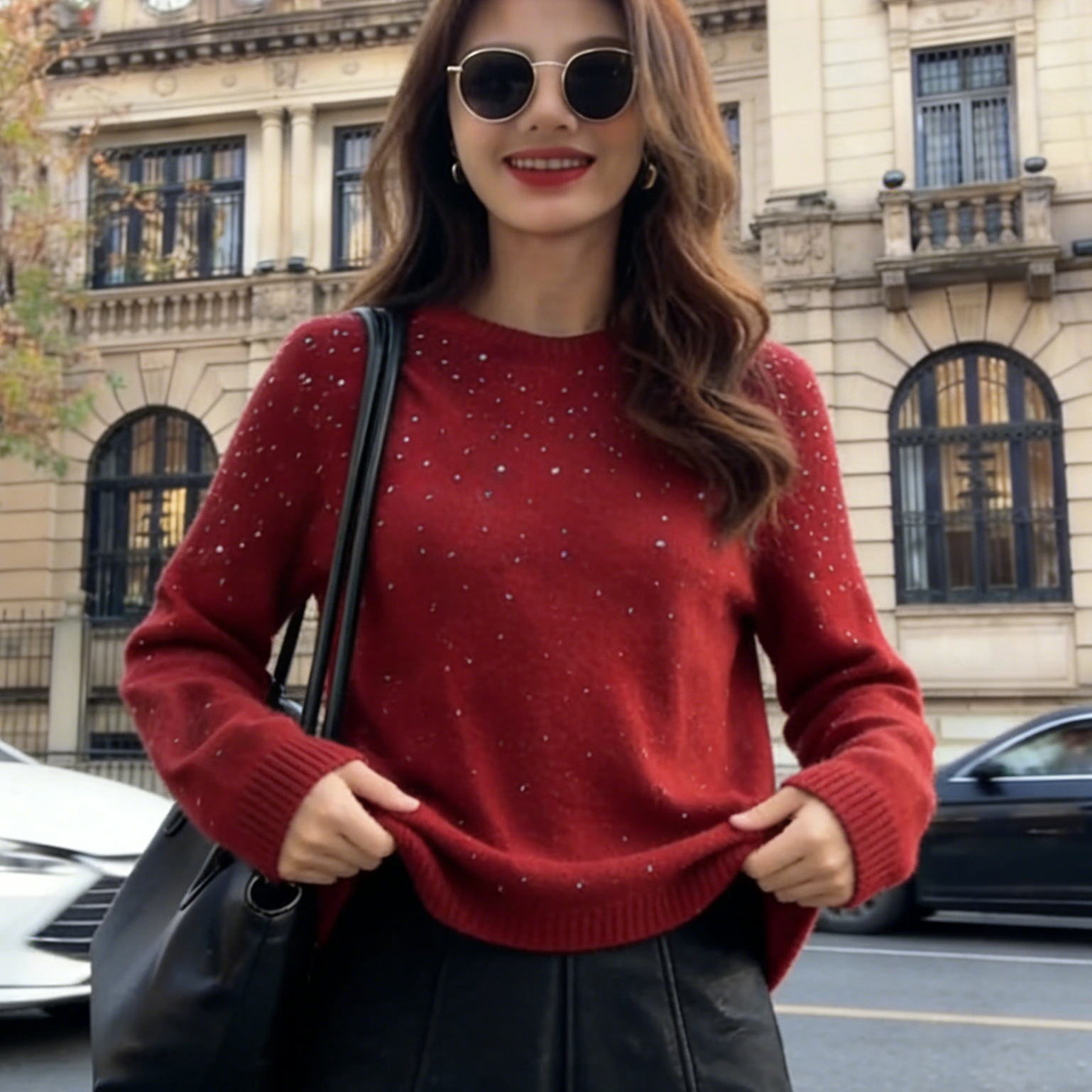 法式新年红色烫钻圆领针织衫女秋冬宽松慵懒高级感内搭毛衣打底衫,女装/女士精品,毛针织衫,淘宝优惠券,粉丝福利购,淘宝优惠卷