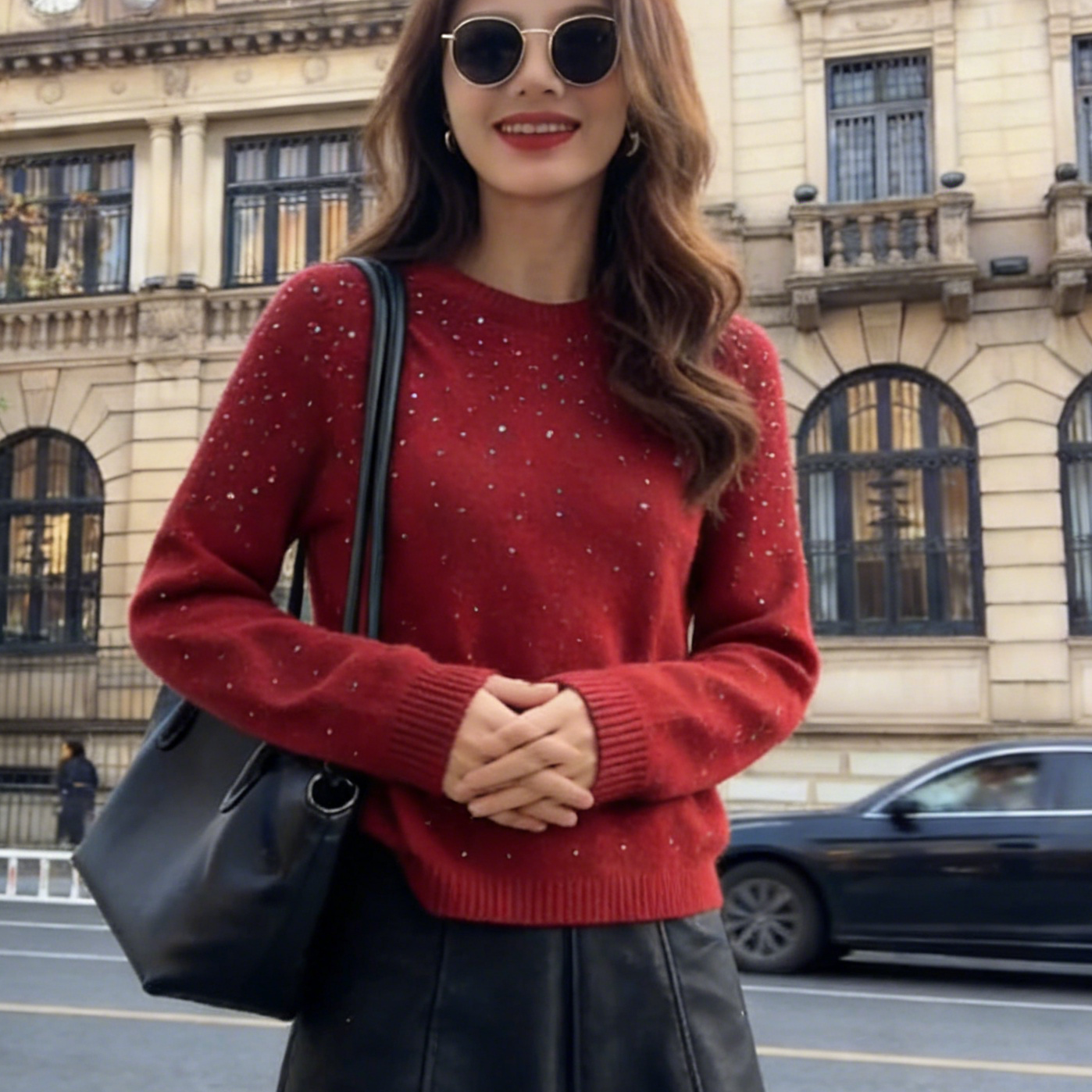 法式新年红色烫钻圆领针织衫女秋冬宽松慵懒高级感内搭毛衣打底衫,女装/女士精品,毛针织衫,淘宝优惠券,粉丝福利购,淘宝优惠卷