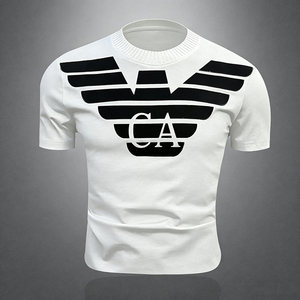 2026新款 夏季 男士丝光棉（毛衣领）植绒T恤XB927 P75白 3D图，男装T恤，电商A315