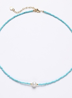 戴拉时尚绿松石项链女淡水珍珠吊坠潮短款颈链 气质高级感锁骨链