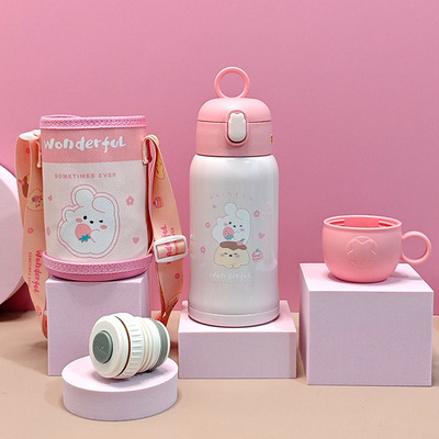 新款儿童保温杯 水杯幼儿园学生宝宝水壶手提双盖大容量吸管杯子