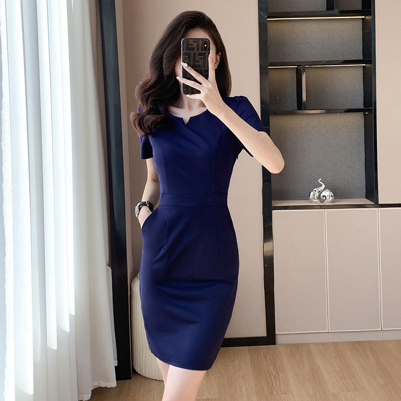 夏季短袖弹力显瘦包臀连衣裙女时尚气质女神范珠宝店美容院工作服