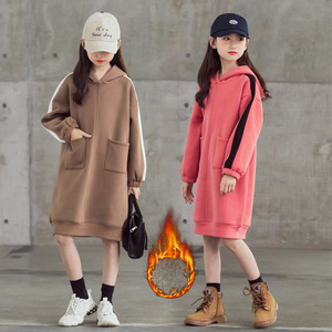 女童加绒卫衣裙2023秋冬新款韩版中大儿童洋气连衣裙连帽休闲裙子