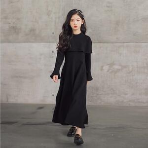 韩版女童针织黑色气质连衣裙秋冬2024新款大童华夫格时尚长裙亲子