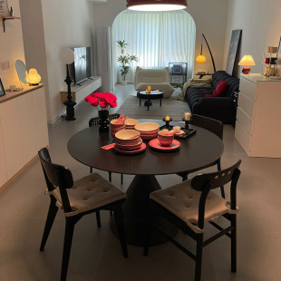 纯黑岩板圆桌可旋转伸缩方圆两用餐桌小户型家用圆桌简约复古饭桌