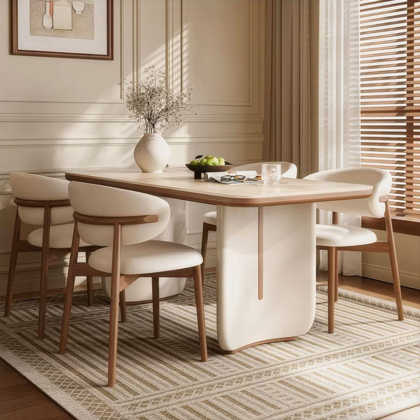 法式奶油风36mm厚实木底板岩板餐桌家用小户型洞石岩板餐桌椅组合,住宅家具,岩板餐桌,淘宝优惠券,粉丝福利购,淘宝优惠卷