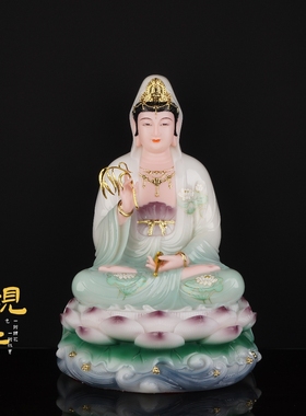 2025新款观音菩萨家用招财汉白玉彩实心观世音神像佛像玄关桌摆件