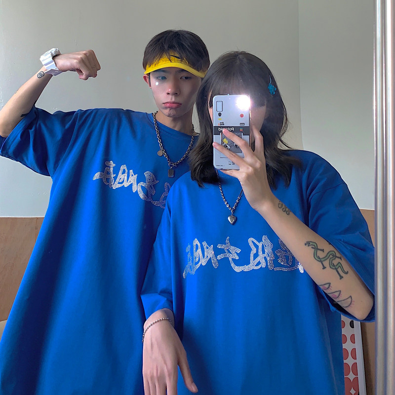 情侣装夏装烫钻闪亮男女朋友宽松情侣短袖T恤大码G1008P38女类,男装T恤,电商A339