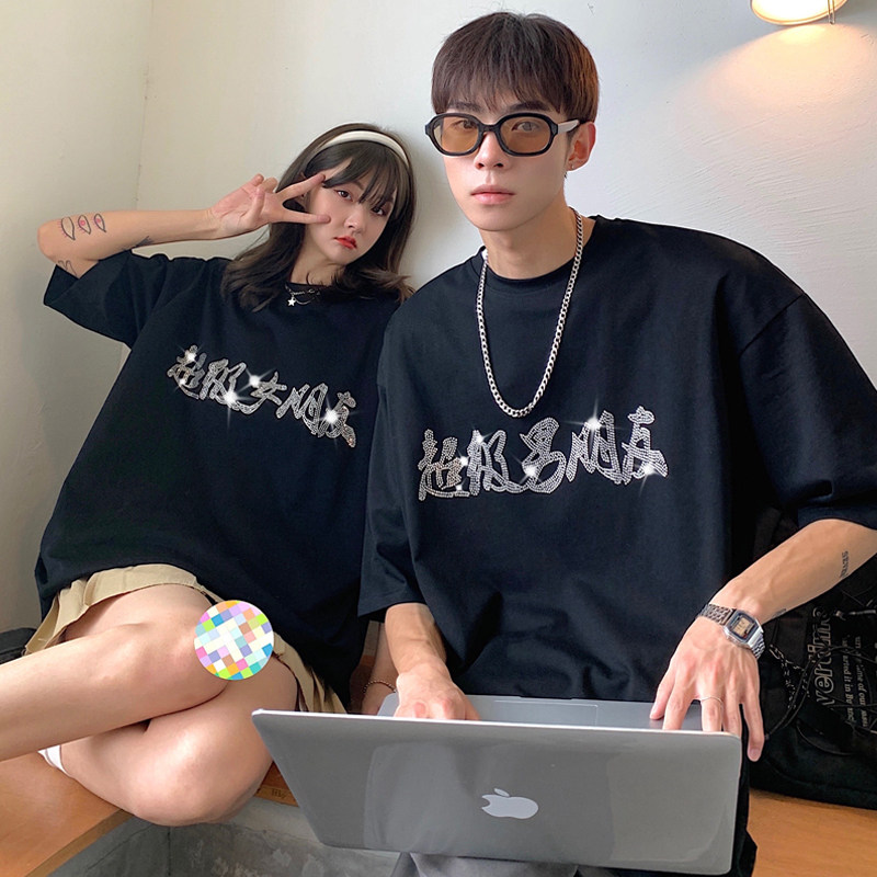 情侣装夏装烫钻闪亮男女朋友宽松情侣短袖T恤大码G1008P38女类,男装T恤,电商A339