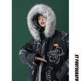 中性风冬装小熊满印棉衣情侣棉衣大毛领棉服男女G908P138，男装棉衣，电商A339
