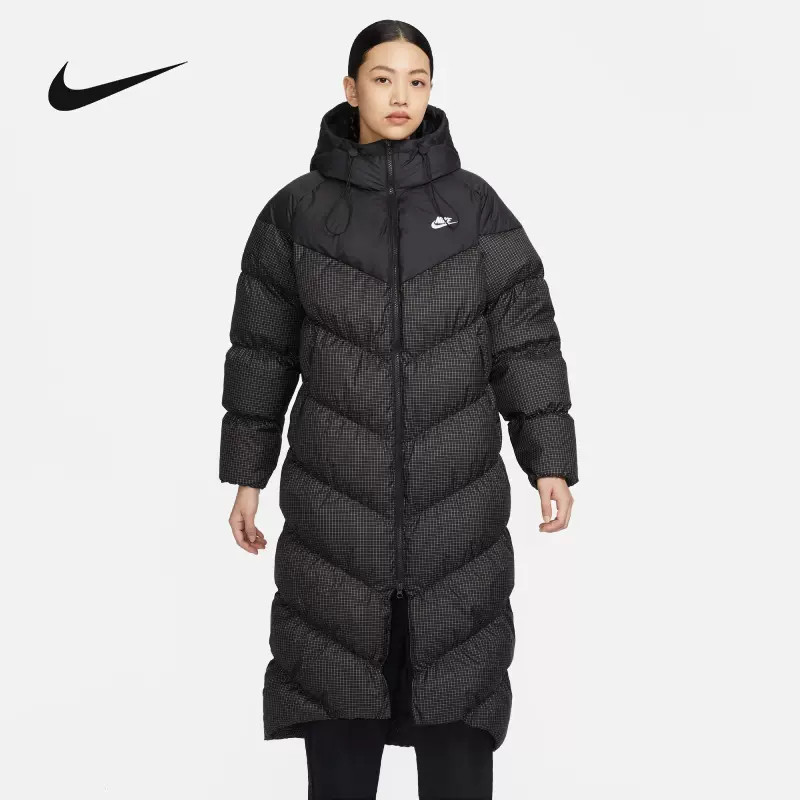 正品Nike耐克冬季女子简约百搭休闲连帽保暖长款羽绒服外套FD8213