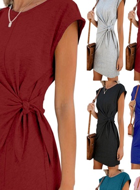 2019速卖通ebay亚马逊 wish女装欧美跨境圆领系带宽松短袖连衣裙