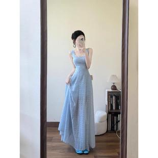藍色蕾絲背心吊帶連衣裙女夏季 氣質海邊度假風設計感收腰長裙 法式