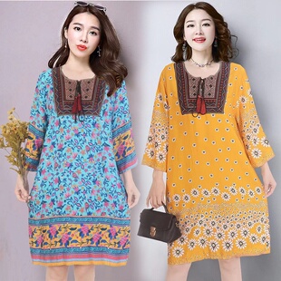 加肥大码 连衣裙子宽松刺绣花泰国旅游棉绸沙滩 民族风圆领七分袖