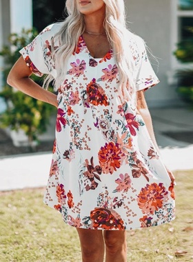 连衣裙夏季2023亚马逊独立站跨境女装新款速卖通V领印花短袖中裙