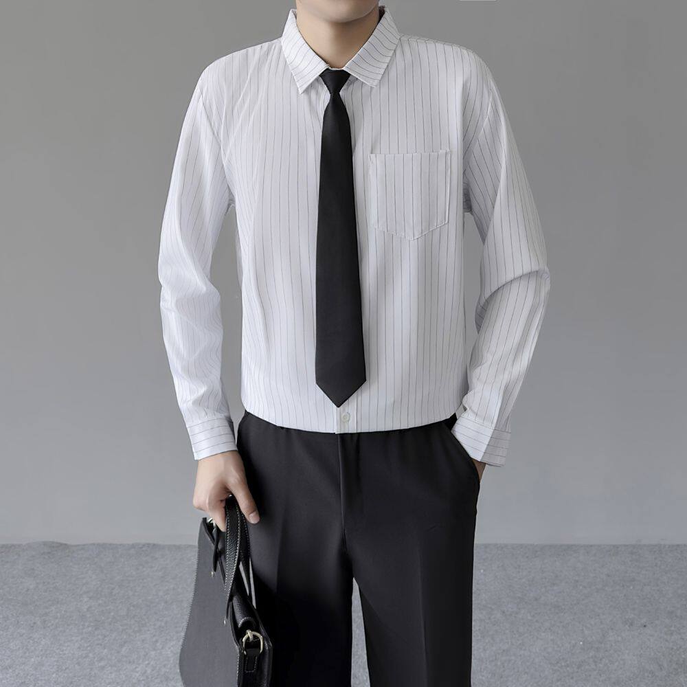 隐藏扣长袖衬衫男宽松纯色休闲男生条纹长袖上衣春夏韩版潮流垂感