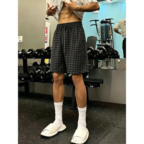 黑灰色格子运动短裤男夏季薄款美式复古直筒裤子健身休闲四五分裤
