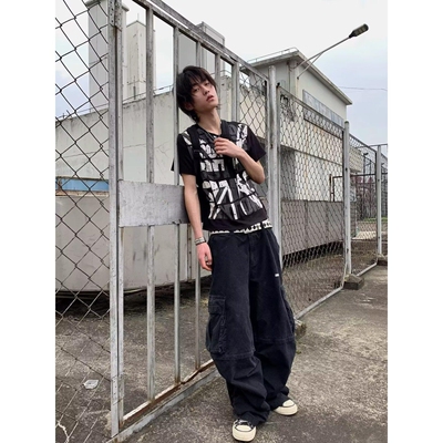 高街米字旗短袖男美式复古宽松圆领半袖男女同款街头潮流印花T