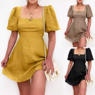 2023独立站亚马逊跨境女装 A字迷你连衣裙 棉麻纯色方领灯笼短袖