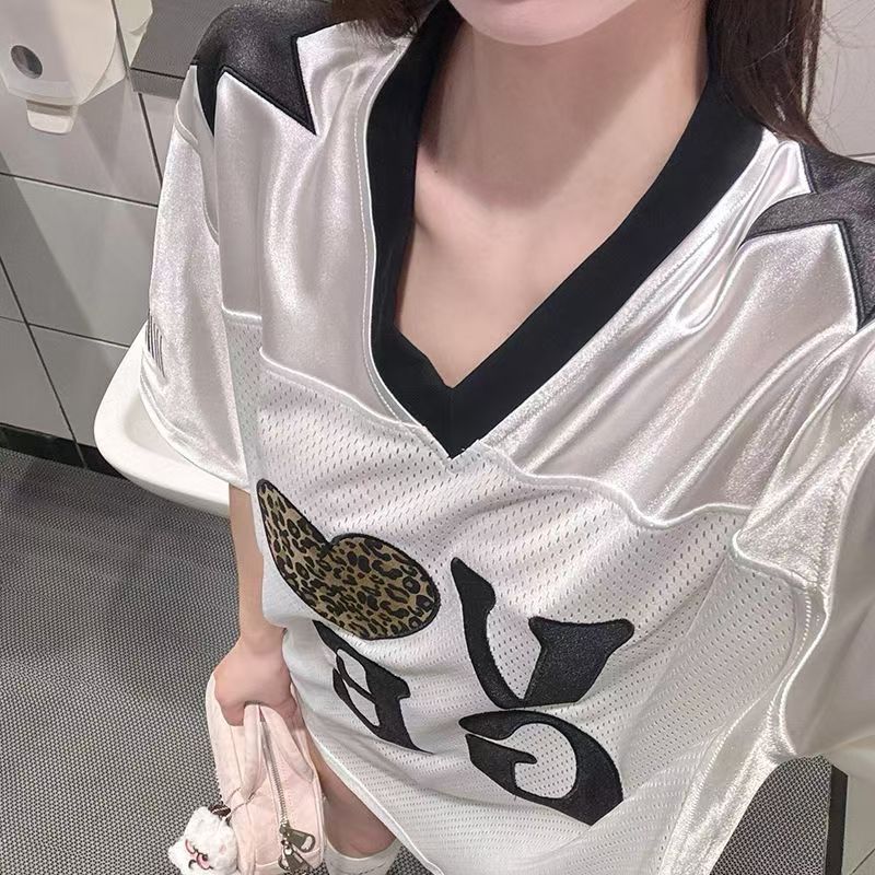 ins辣妹夏季新款美式复古球衣绣花贴布运动风宽松短袖上衣女T恤潮