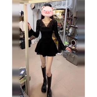 25秋季 格韩系漂亮独特蕾丝V领掐腰小黑裙小个子超火连衣裙