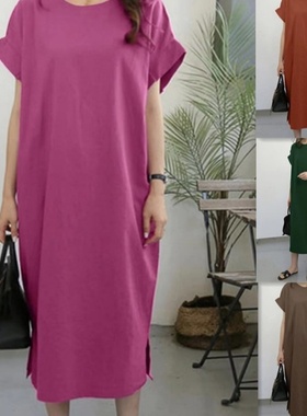 独立站亚马逊2023跨境女装休闲纯色圆领短袖开叉棉麻长款连衣裙