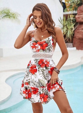 2025夏季欧美亚马逊跨境波西米亚印花吊带花边拼接开叉连衣裙