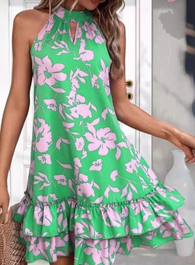 2024亚马逊速卖通跨境新款印花挂脖系带修身甜美荷叶边无袖