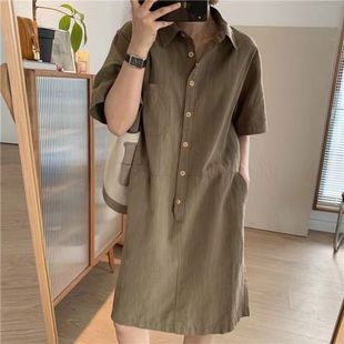 简约夏季 棉麻短袖 2025夏新款 衬衣女衬衫 POLO领直筒连衣裙 裙中长款