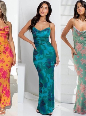 亚马逊跨境女装2024春夏新品性感露背系带修身印花吊带连衣裙