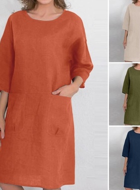 2023欧美跨境亚马逊女装纯色圆领套头插袋五分袖及膝棉麻连衣裙