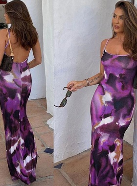 亚马逊女装2024夏季新品时尚印花性感露背修身夜店吊带连衣裙