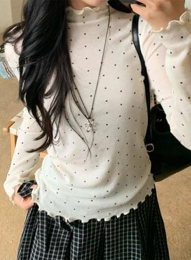11德绒秋冬灰色波点木耳边半高领打底衫女韩系内搭长袖衫T恤上衣